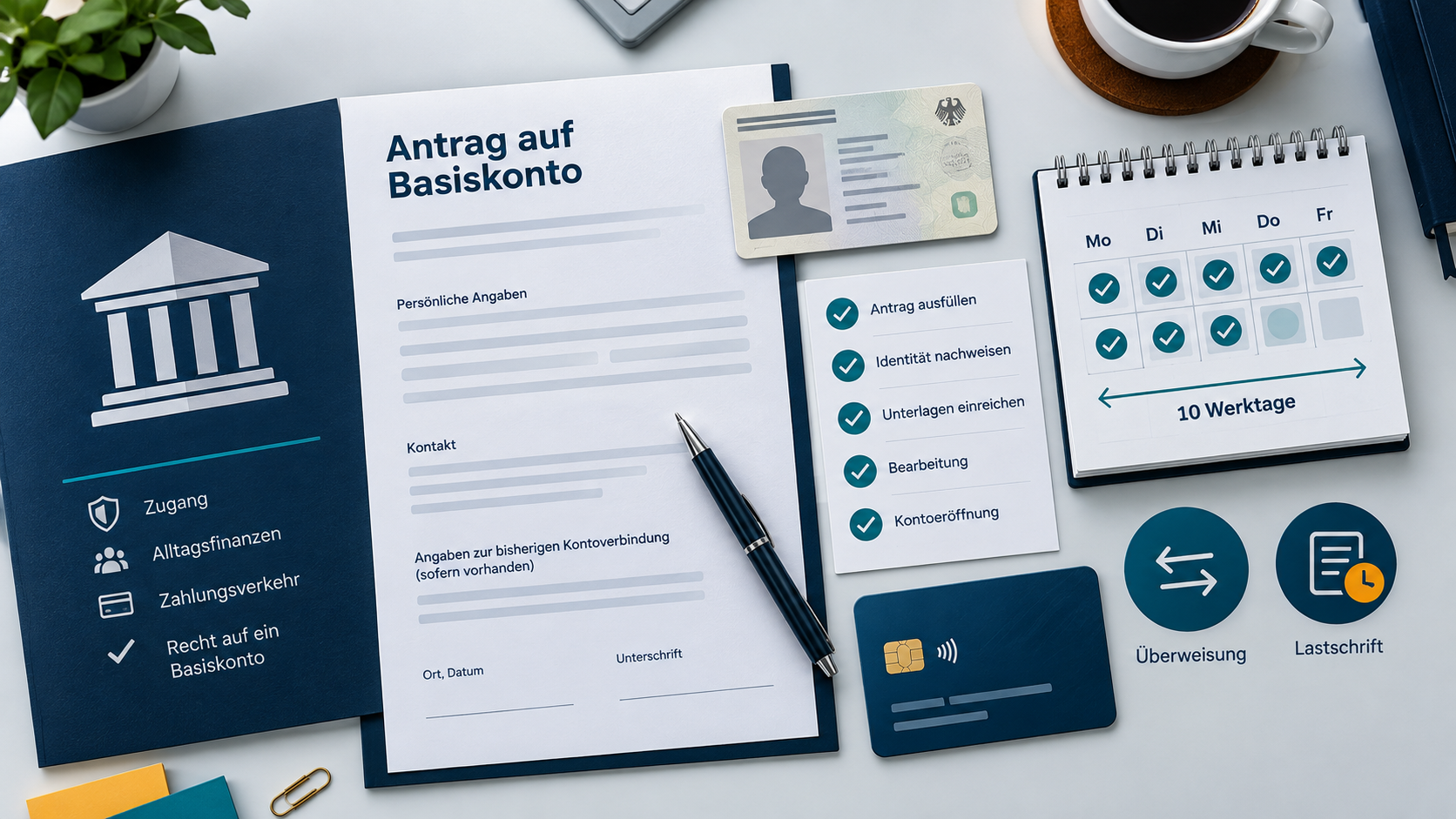 Antrag auf ein Basiskonto mit Identitätsnachweis, Checkliste, Zahlungskarte und Zehn-Werktage-Frist