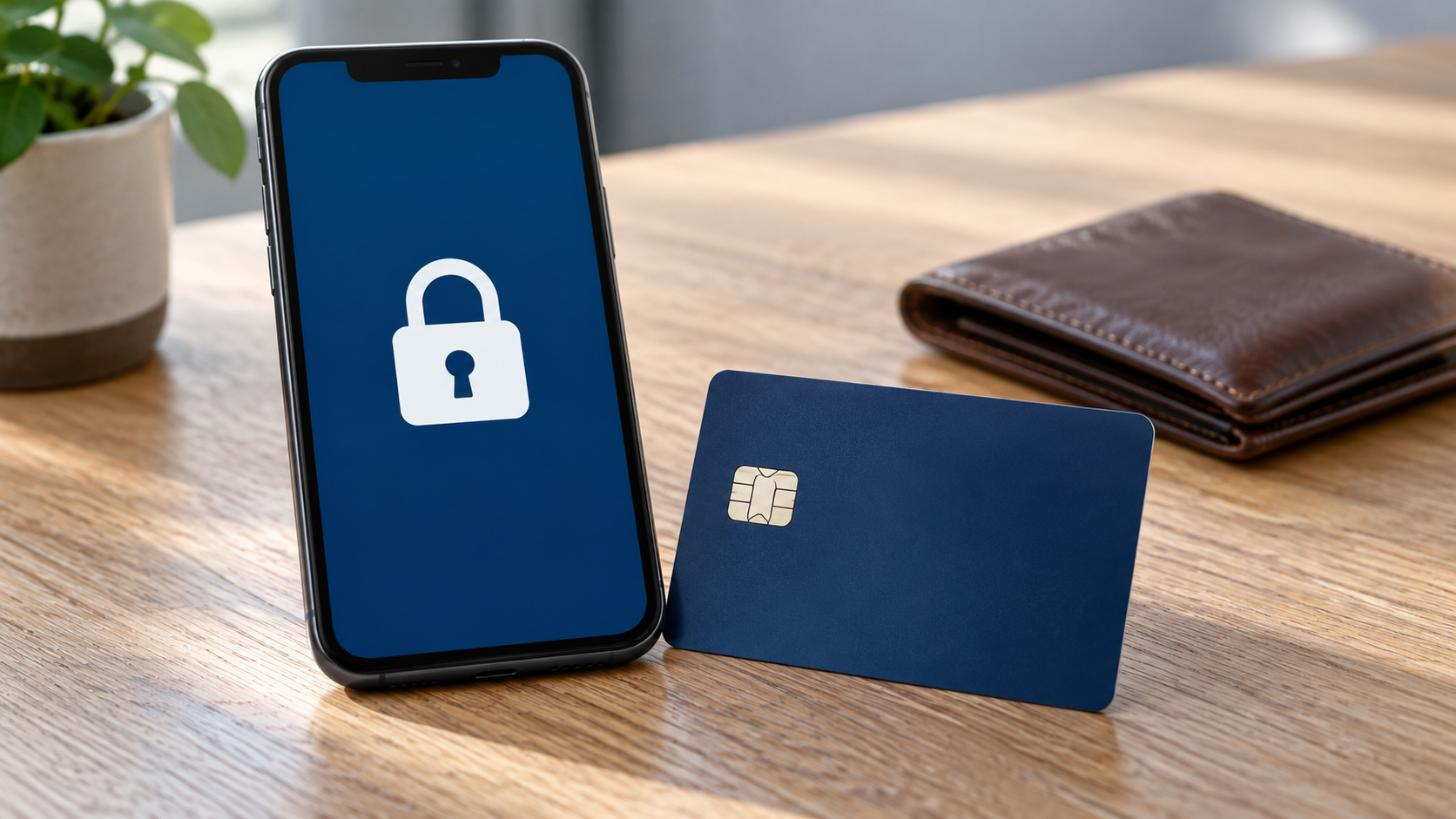 Smartphone mit geschlossenem Schlosssymbol neben einer anonymen blauen Zahlungskarte und einer braunen Geldbörse auf einem Holztisch