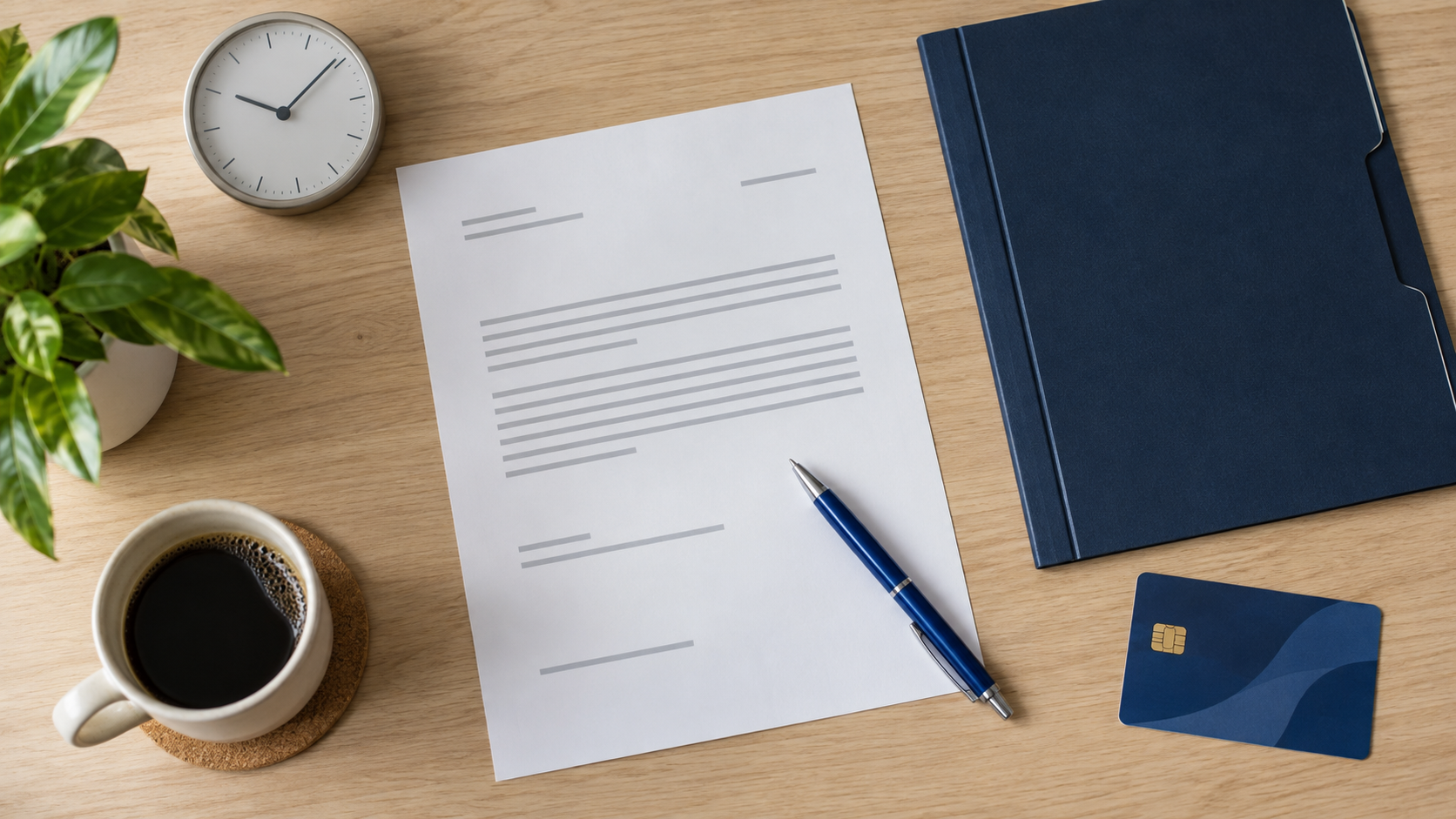 Anonymes Dokument neben einer Uhr ohne Ziffern, blauem Stift, Dokumentenmappe und neutraler Zahlungskarte auf einem Schreibtisch