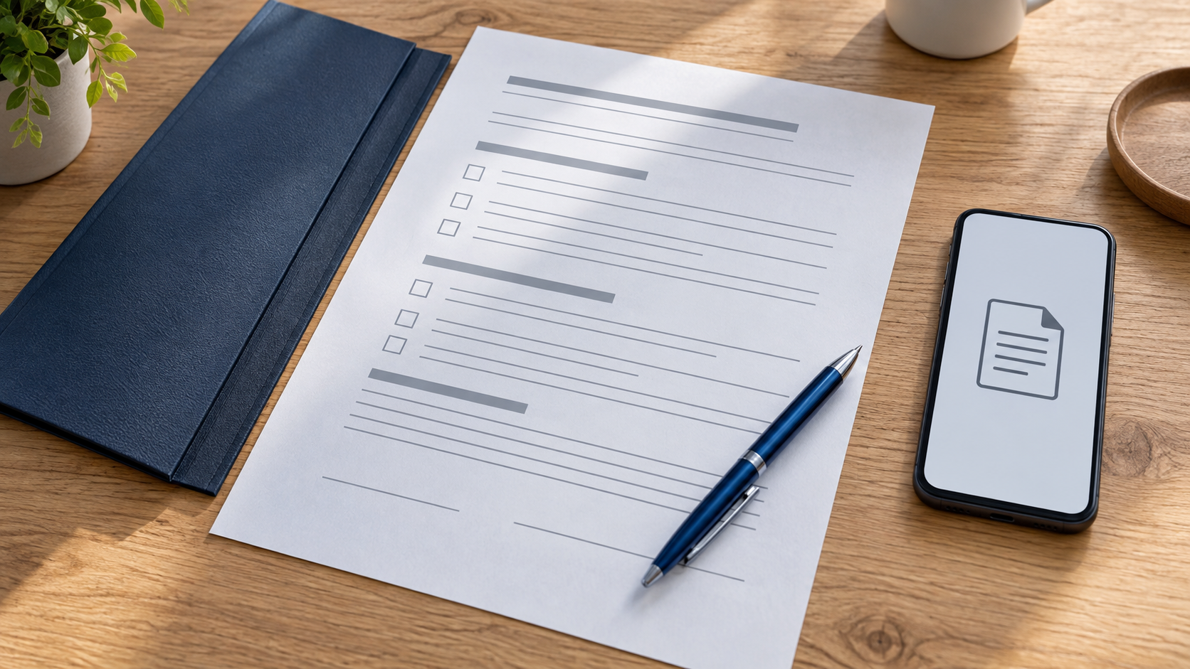 Symbolisches Formular mit leeren Auswahlfeldern neben blauem Stift, Dokumentenmappe und Smartphone mit Dokumentensymbol