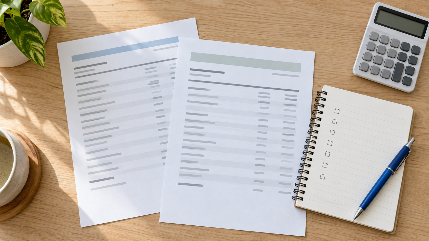 Zwei anonyme Kontoauszüge neben Notizbuch mit leeren Prüffeldern, blauem Stift und Taschenrechner ohne angezeigte Zahlen