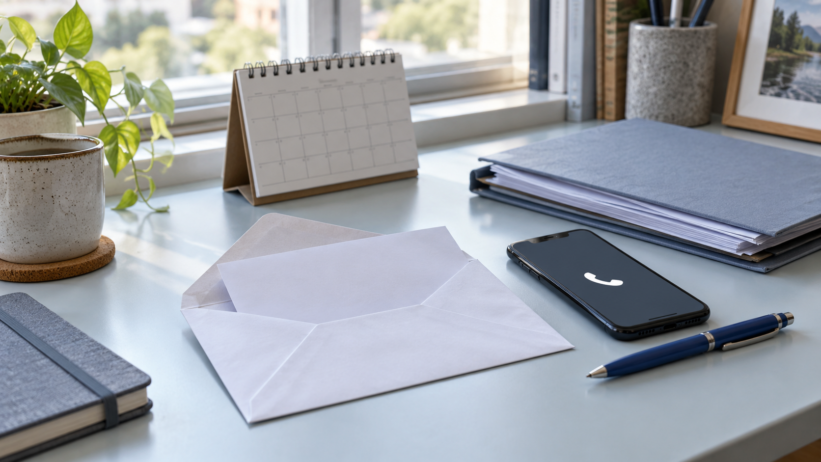 Leerer Briefumschlag mit symbolischem Schreiben neben Kalender, Smartphone mit Telefonsymbol, Stift und Unterlagenmappe