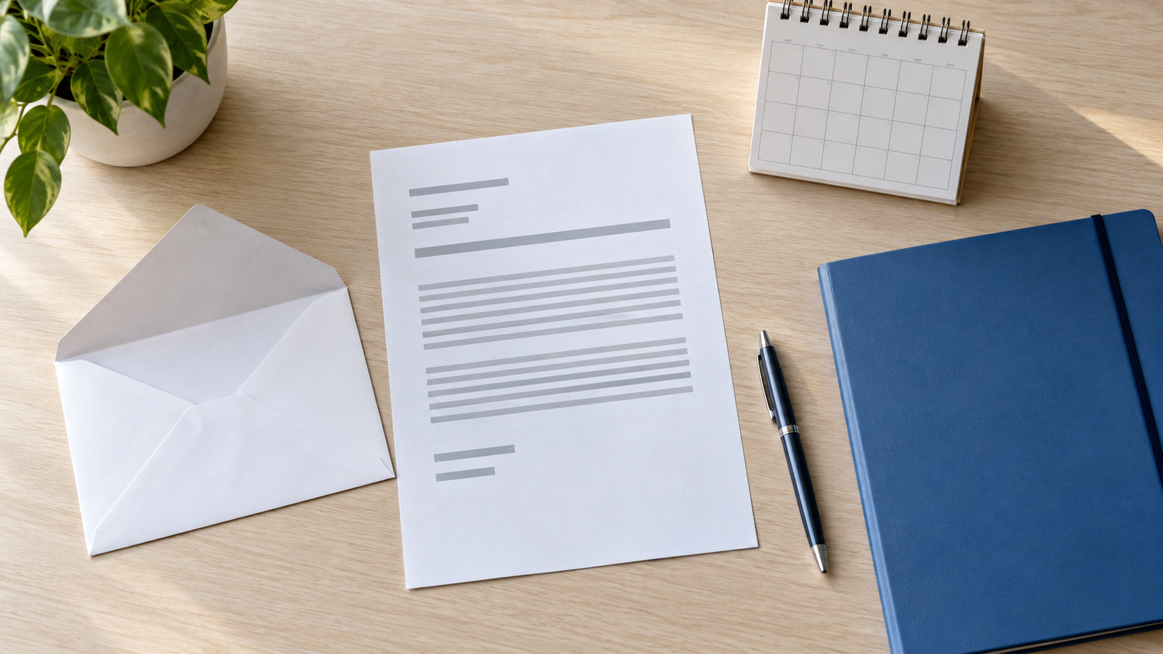 Anonymes Schreiben, offener Briefumschlag, Kalender und blaue Dokumentenmappe zum Aufbewahren von Kündigungsbelegen