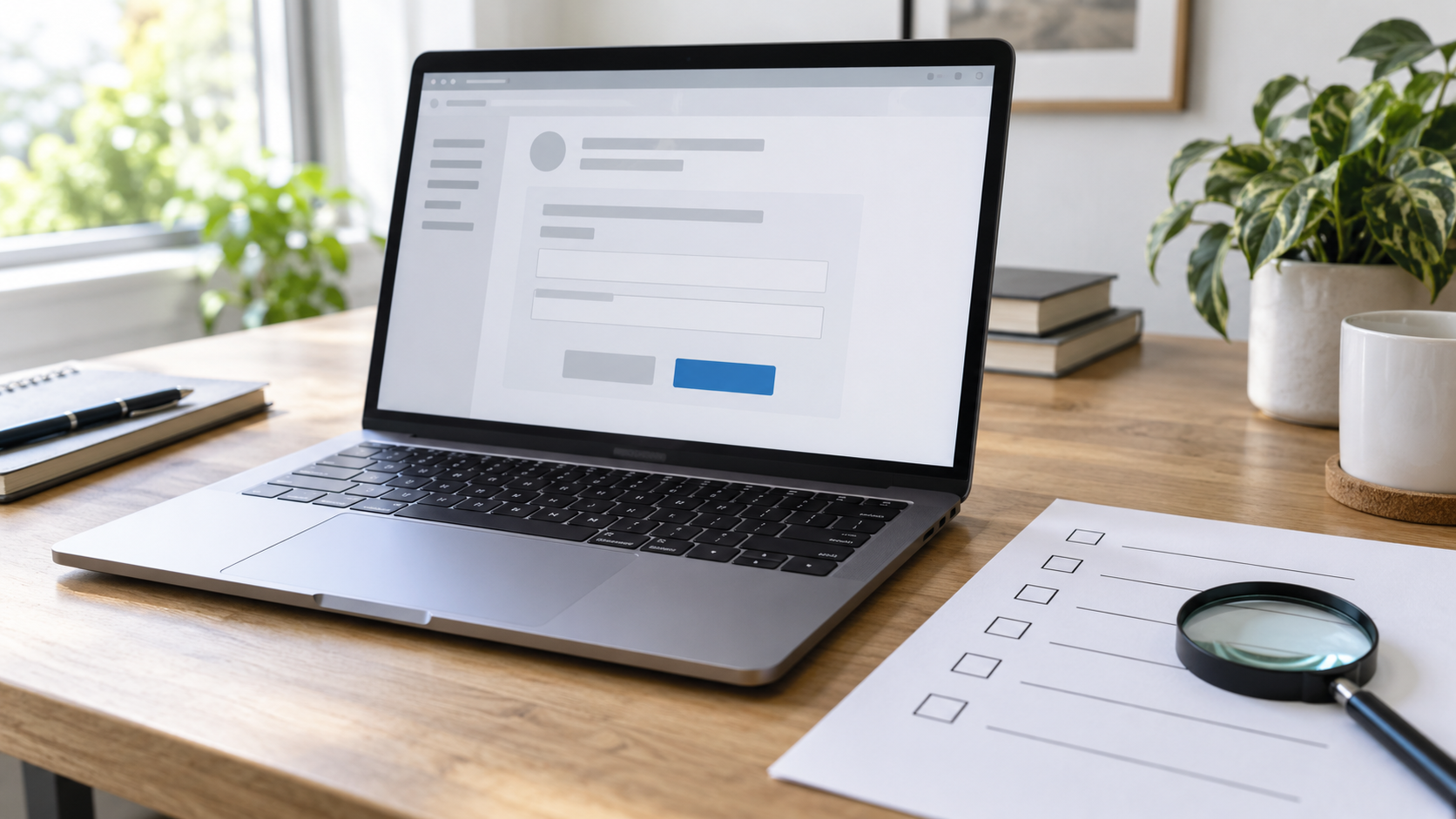 Anonymer Laptop mit schematischem Onlineformular, Checkliste und Lupe zum Prüfen eines Kündigungswegs
