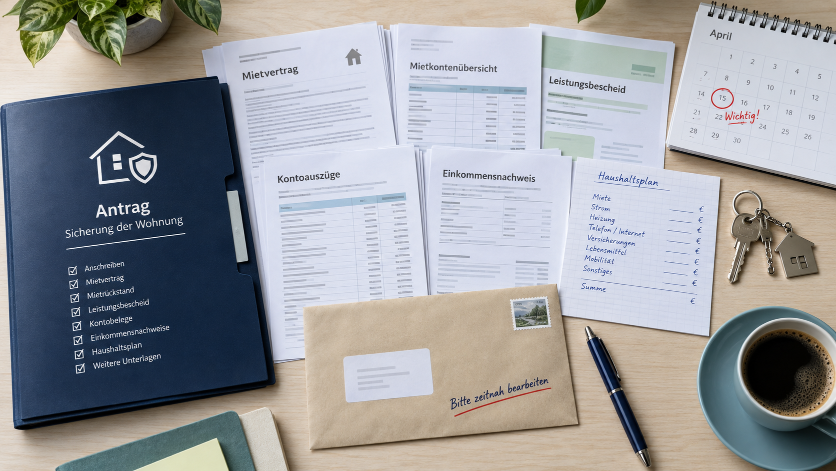 Vollständige Unterlagen für einen Antrag zur Wohnungssicherung mit Mietvertrag, Mietkonto, Leistungsbescheid, Kontoauszügen, Einkommensnachweis und Haushaltsplan