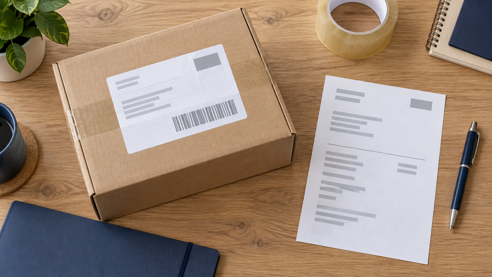 Verschlossenes neutrales Paket mit anonymem Etikett neben symbolischem Versandbeleg, blauer Mappe, Klebeband und Stift
