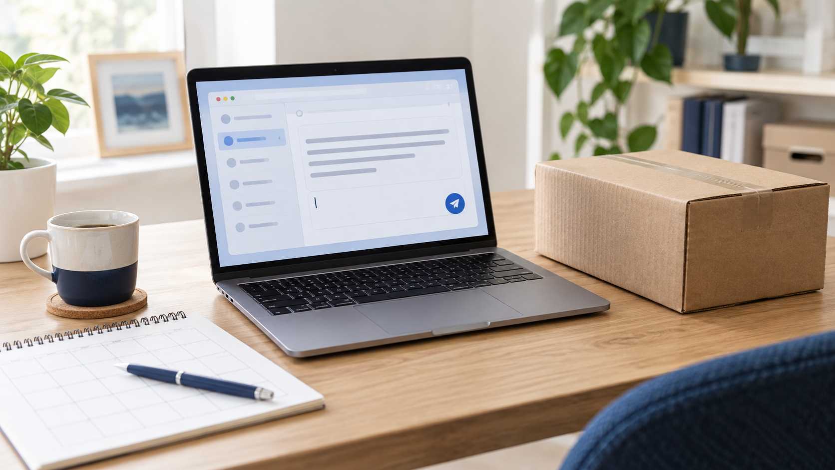 Laptop mit schematischem Nachrichtenfenster neben einem neutralen Paket, Kalender und Stift auf einem hellen Schreibtisch