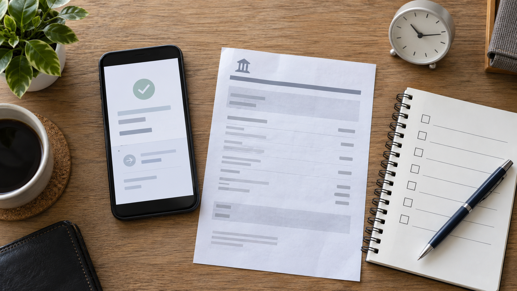 Smartphone mit abstraktem Zahlungsbeleg neben anonymer Papierbestätigung, Notizbuch mit leeren Prüffeldern, Stift und kleiner Uhr