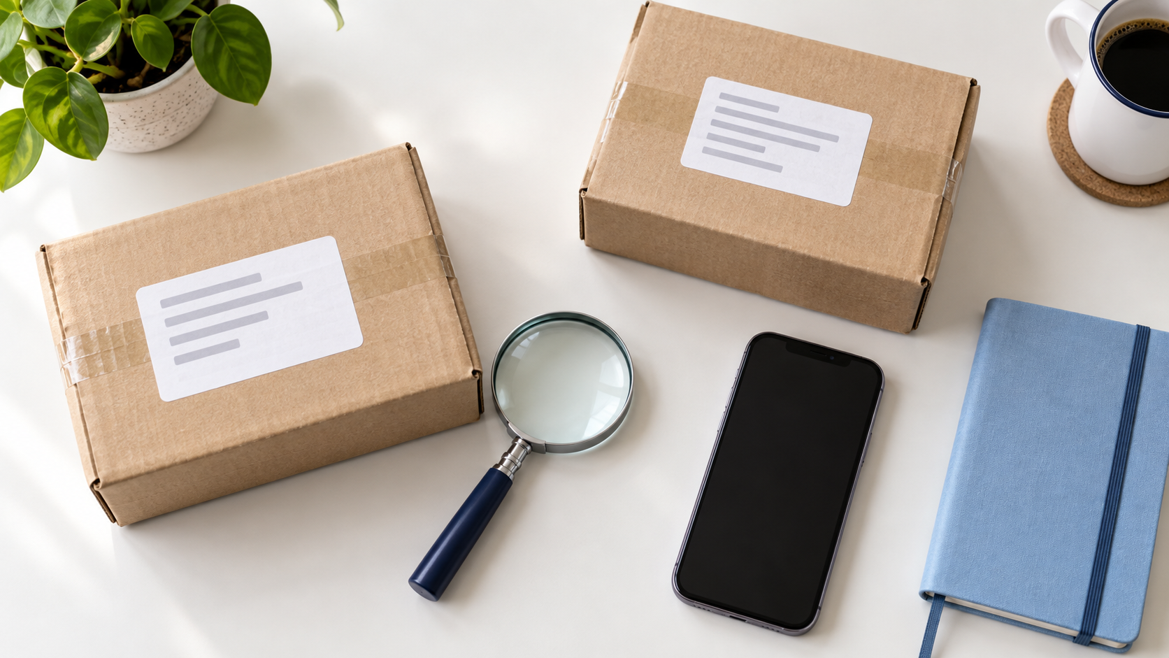 Zwei neutrale Pakete mit anonymen Etiketten neben Lupe, ausgeschaltetem Smartphone und geschlossenem Notizbuch auf einem hellen Tisch