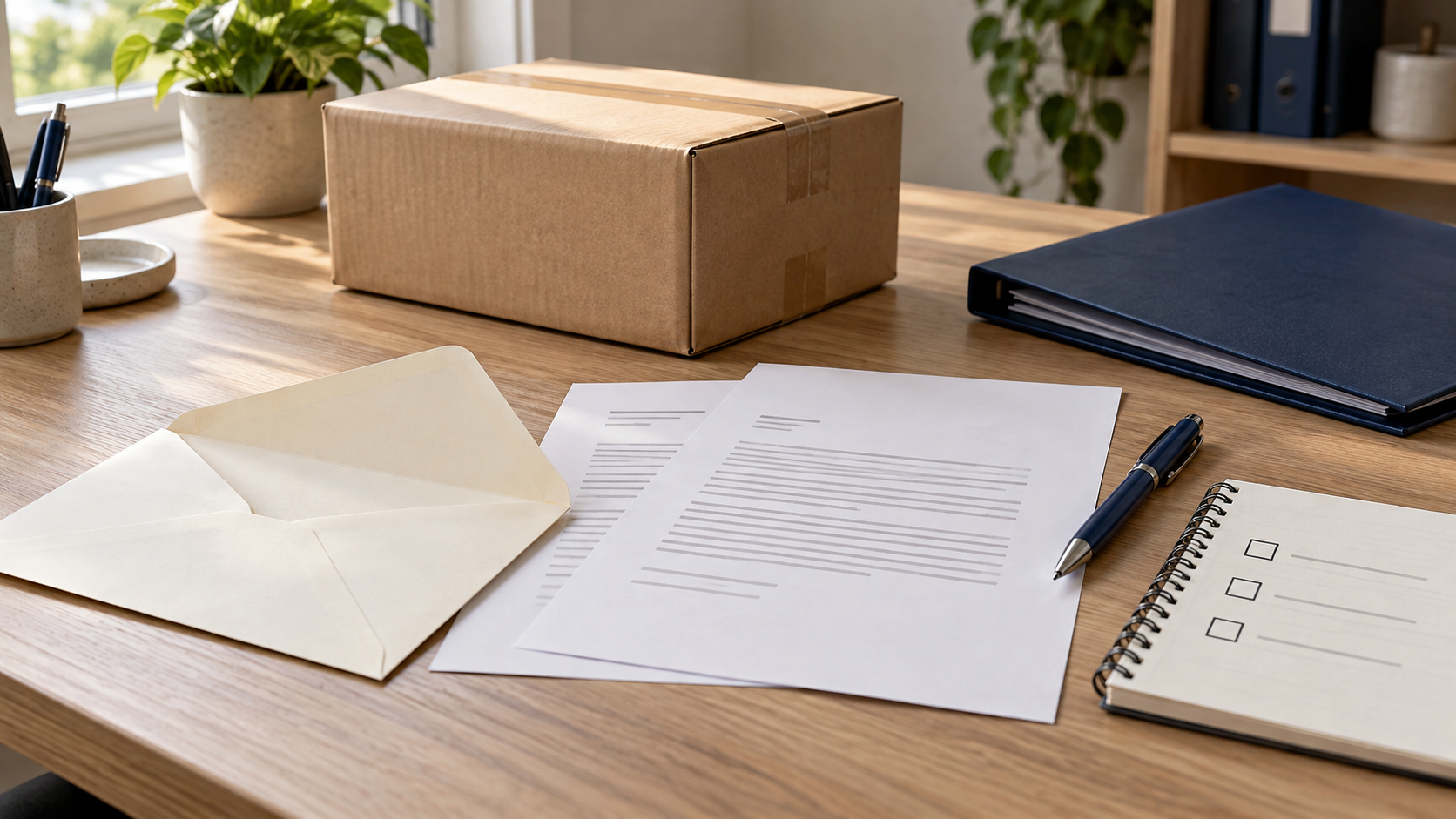 Neutraler geöffneter Umschlag und symbolische Rechnung mit Stift und leerer Checkliste vor einem Paket und einer geschlossenen Dokumentenmappe
