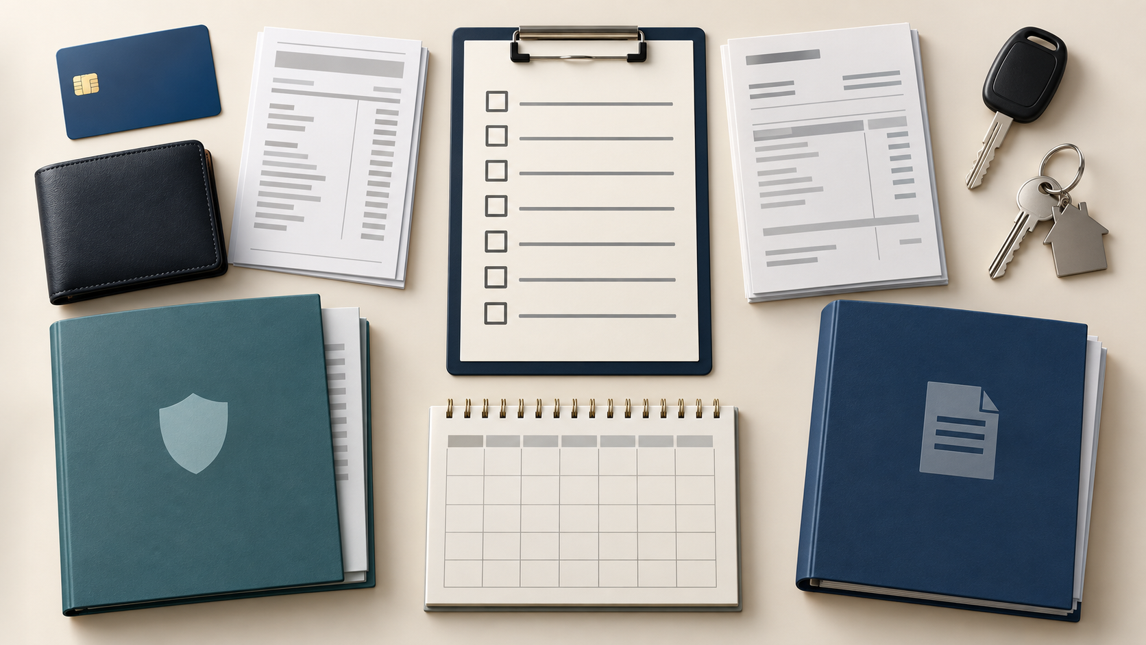 Geordnete Unterlagen für die Vermögensauskunft mit Kontonachweisen, Verträgen, Schlüsseln, Kalender und leerer Checkliste